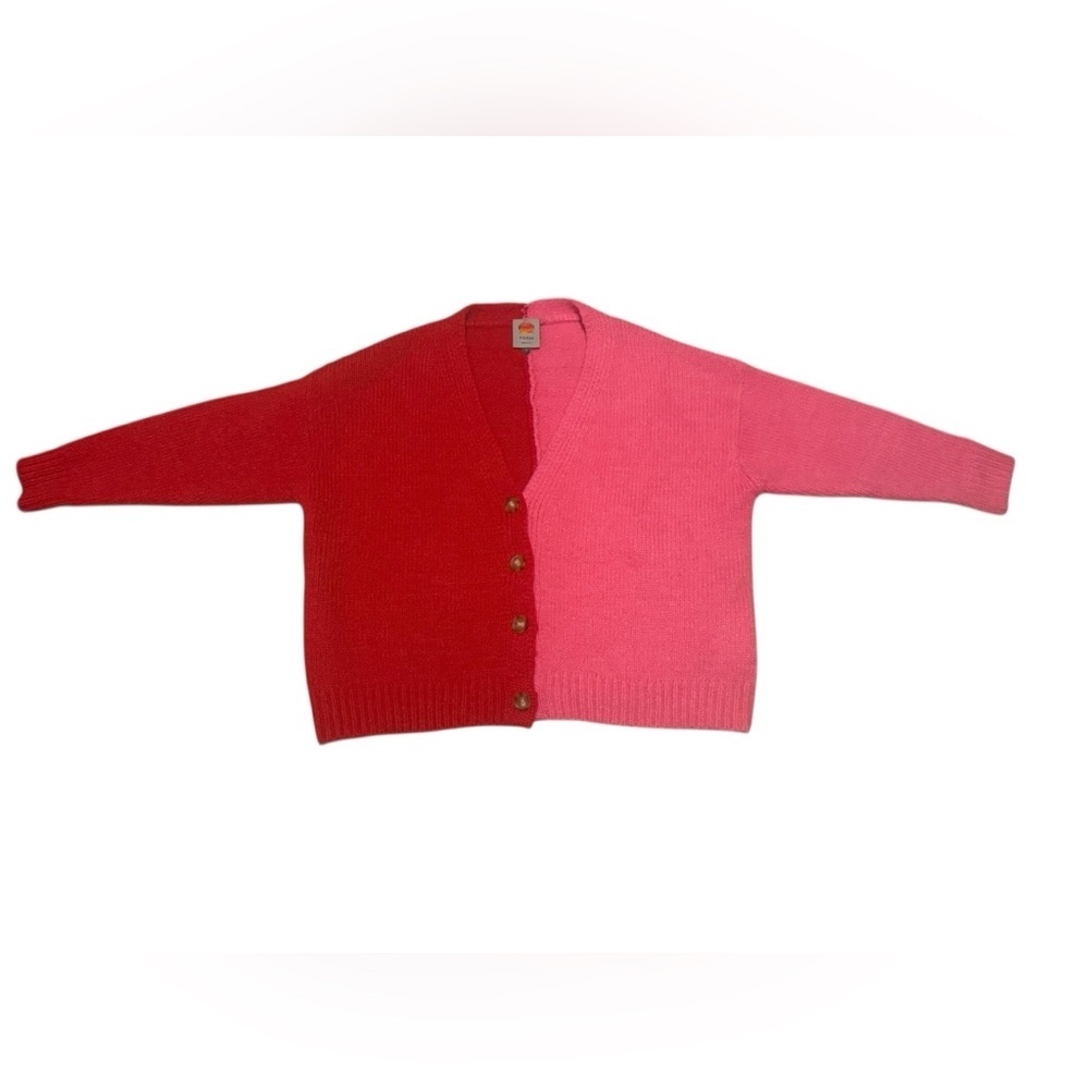 Farm Rio Color Block Pink and Red Button Down Wool Cardigan Size M